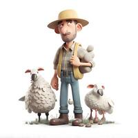 3d ilustración de un granjero con un rebaño de oveja en un blanco fondo, ai generativo imagen foto