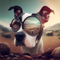 Funny dog looking through a magnifying glass on a desert landscape, Image photo