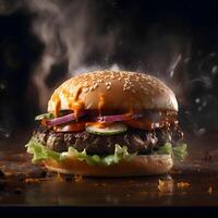 Delicious hamburger with flying ingredients on a black background with smoke, Image photo