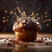 Bun with sesame seeds on a dark background with splashes, Image photo
