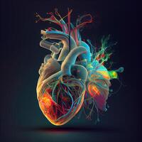 humano corazón anatomía en un oscuro antecedentes. 3d representación, 3d ilustración., ai generativo imagen foto