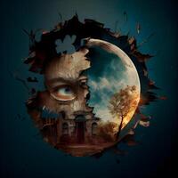 Grunge Halloween background with haunted house, moon and cemetery., Image photo