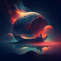 abstract background with planet and moon. 3d render illustration., Image photo