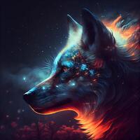 Digital painting of a wolf head with fire in the night sky., Image photo