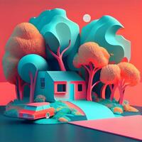 3d illustration of a house in the woods, a car and trees., Image photo