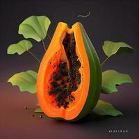 papaya Fruta en un oscuro antecedentes con hojas. ilustración., ai generativo imagen foto