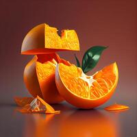 Orange fruit with leaves on a dark background. 3d rendering., Image photo
