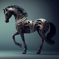 3d representación de un negro caballo con metal ornamento en un gris fondo, ai generativo imagen foto