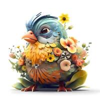 Colorful bird with flowers on white background. 3D illustration., Image photo