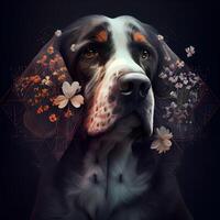 retrato de un beagle perro con flores en un negro fondo, ai generativo imagen foto