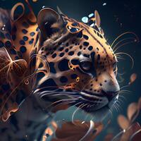 Leopard portrait with floral ornament on dark background. 3D rendering, Image photo