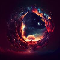 Abstract landscape with a tree in the form of a planet. illustration., Image photo