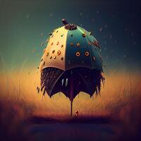 ilustración de un paraguas en un brumoso campo con gotas de lluvia, ai generativo imagen foto
