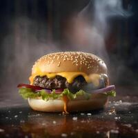 Hamburger with cheese, tomato and onion on a dark background, Image photo