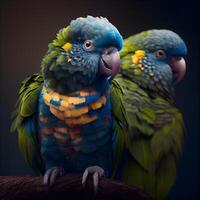 Colorful parrots on a dark background. Tropical exotic birds., Image photo