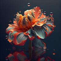 Beautiful flower with water drops on dark background. 3d render, Image photo