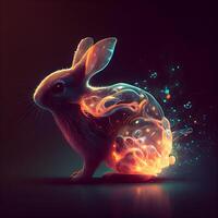 Conejo con fuego y fumar en oscuro antecedentes. 3d representación, ai generativo imagen foto