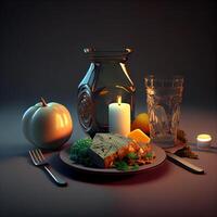 Still life with a croissant, a glass of wine, a piece of cheese, a plate with vegetables and spices, Image photo