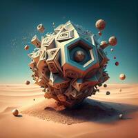Abstract 3d illustration of a sphere made of cubes in the desert, Ai Generative Image photo