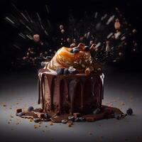 Caramel bundt cake with caramel sauce and caramel on dark background, Image photo