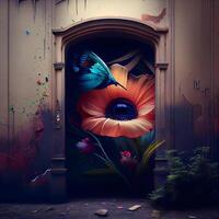 Graffiti on the door of an old house. 3d rendering, Image photo