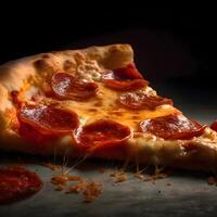 Pizza with flying ingredients on a wooden board, black background., Image photo