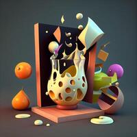 3d render of cube with splashes and drops of liquid., Image photo