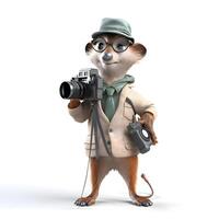 3D rendering of a cute fox with a camera isolated on white background, Image photo