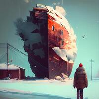 Man standing in front of a large ship in the middle of the winter., Image photo