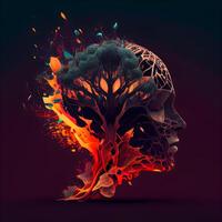 Human head with abstract tree made of colorful splashes. illustration., Image photo