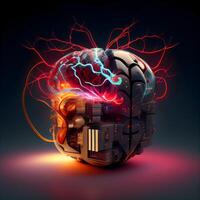 Abstract 3D illustration of a human skull with electric circuit inside., Image photo