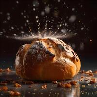 Bread with sesame seeds sprinkled with flour on a dark background, Image photo