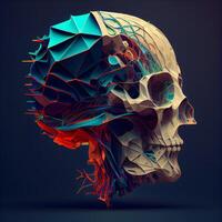 resumen poligonal humano cráneo en oscuro antecedentes. 3d ilustración, ai generativo imagen foto