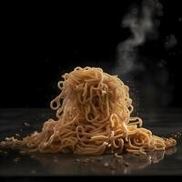 noodles flying in the air with smoke on a black background, Image photo