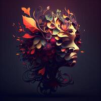 resumen humano cabeza con floral ornamento en oscuro antecedentes. ilustración., ai generativo imagen foto