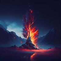 Volcanic eruption in the mountains. 3D illustration of a volcanic eruption., Image photo