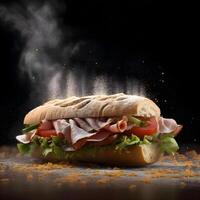 Sandwich with ham, cheese, tomato and lettuce on black background, Image photo