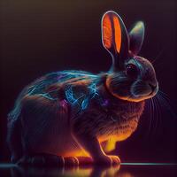 Rabbit in neon light on a dark background. 3d rendering, Image photo