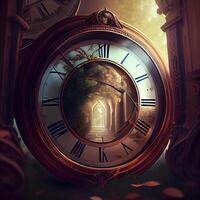 Old clock in the evening. 3D illustration. Vintage style., Image photo