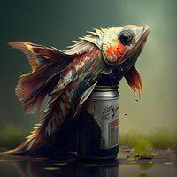 Illustration of a goldfish in a tin can on dark background, Image photo