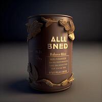 3D illustration of Almond oil can on dark background. 3D rendering., Image photo