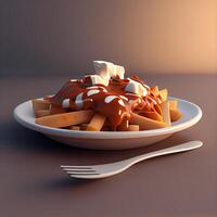 Plate of french fries with caramel sauce. 3d illustration., Image photo