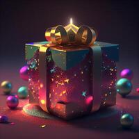 Gift box with gold ribbon and bow. 3d illustration., Image photo