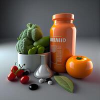 3d illustration of fruits and vegetables with vitamins in a glass bottle, Ai Generative Image photo