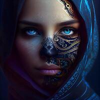 retrato de un hermosa mujer con azul ojos y negro arte Corporal., ai generativo imagen foto