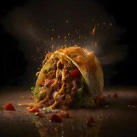 Tacos with meat and vegetables on a black background with smoke, Image photo