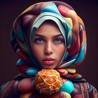 Portrait of a beautiful young woman in a headscarf with an orange in her hand., Image photo