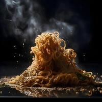 Falling noodles on a black background. Motion. Copy space., Image photo