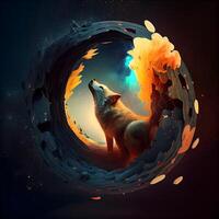 Fantasy illustration of a wolf in a hole in the space., Image photo