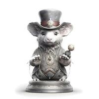 Funny white mouse in a blue hat with a bow tie on a gray background, Image photo